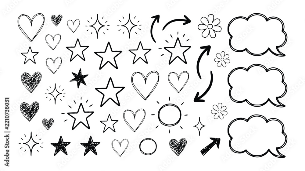 Obraz premium Hand Drawn Doodle Frames with Hearts, Stars, Arrows, Flowers and Clouds for Decorative Design Vector Illustration