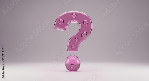 Glossy pink glass question mark symbol isolated on a soft light gray background