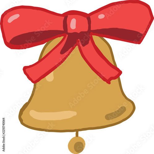 Abstract illustration of a yellow bell with a red bow, hand-drawn, object drawing.