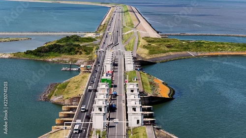 Aerial view of the Lorentz sluices on the Afsluitdijk in the Netherlands
