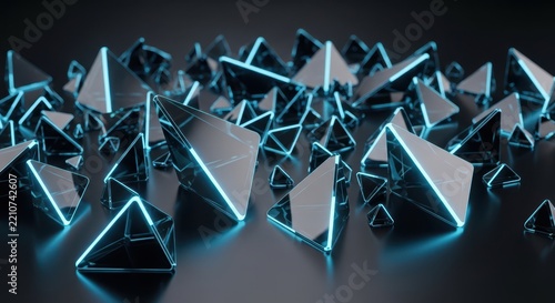 Abstract collection of metallic pyramids with glowing blue neon edges on dark surface