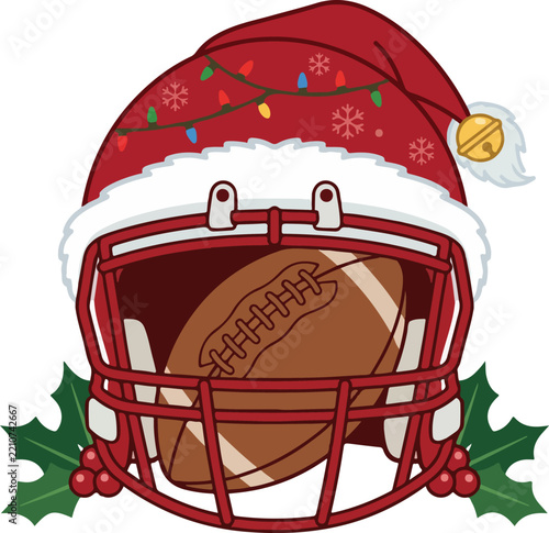 American football helmet with Santa hat isolated on transparent background for Christmas sports design.