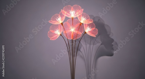 Glowing transparent artificial flower lamp with soft pink petals and a human silhouette shadow