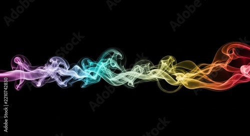Horizontal stream of multicolored smoke swirling against a solid black background texture