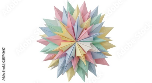 Pastel colored paper star ornament with many points isolated on a plain white background