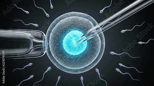 Microscopic view of fertilization with egg cell and sperm in laboratory