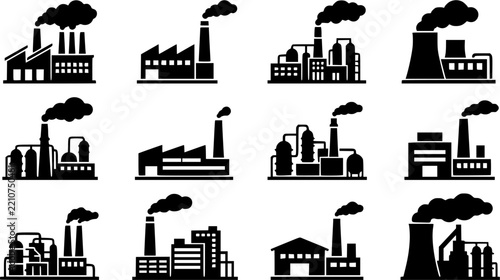 Factory Chimney & Smoke Silhouette Icon Set. Collection of industrial & construction silhouettes, including factory chimney & smoke, detailed manufacturing and factory shapes, and more.