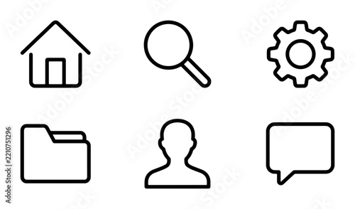 Black outline icons set for home, search, settings, folder, user and chat on white background