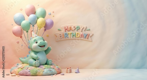 Cute clay dinosaur with colorful balloons and Happy Birthday sign on pastel background
