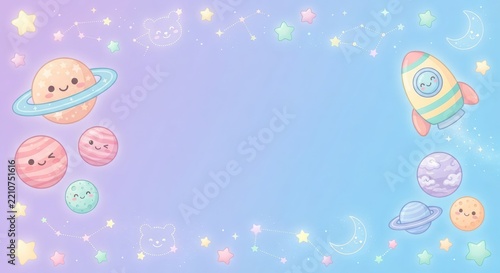 Kawaii space background with cute planets, rocket ship, and stars on pastel gradient