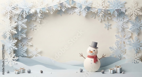 Paper cut snowman in winter landscape with snowflakes and copy space for text