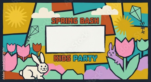 Spring Bash Kids Party banner with rabbits, tulips and copy space frame