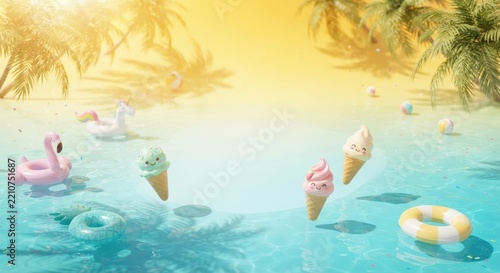 Summer beach scene with cute 3D ice cream cones and copy space