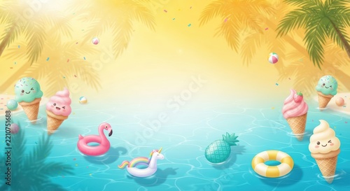 Summer Beach Scene with Kawaii Ice Cream Cones and Tropical Pool Floats