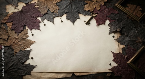 Vintage blank paper mockup with autumn maple leaves and antique key on wood
