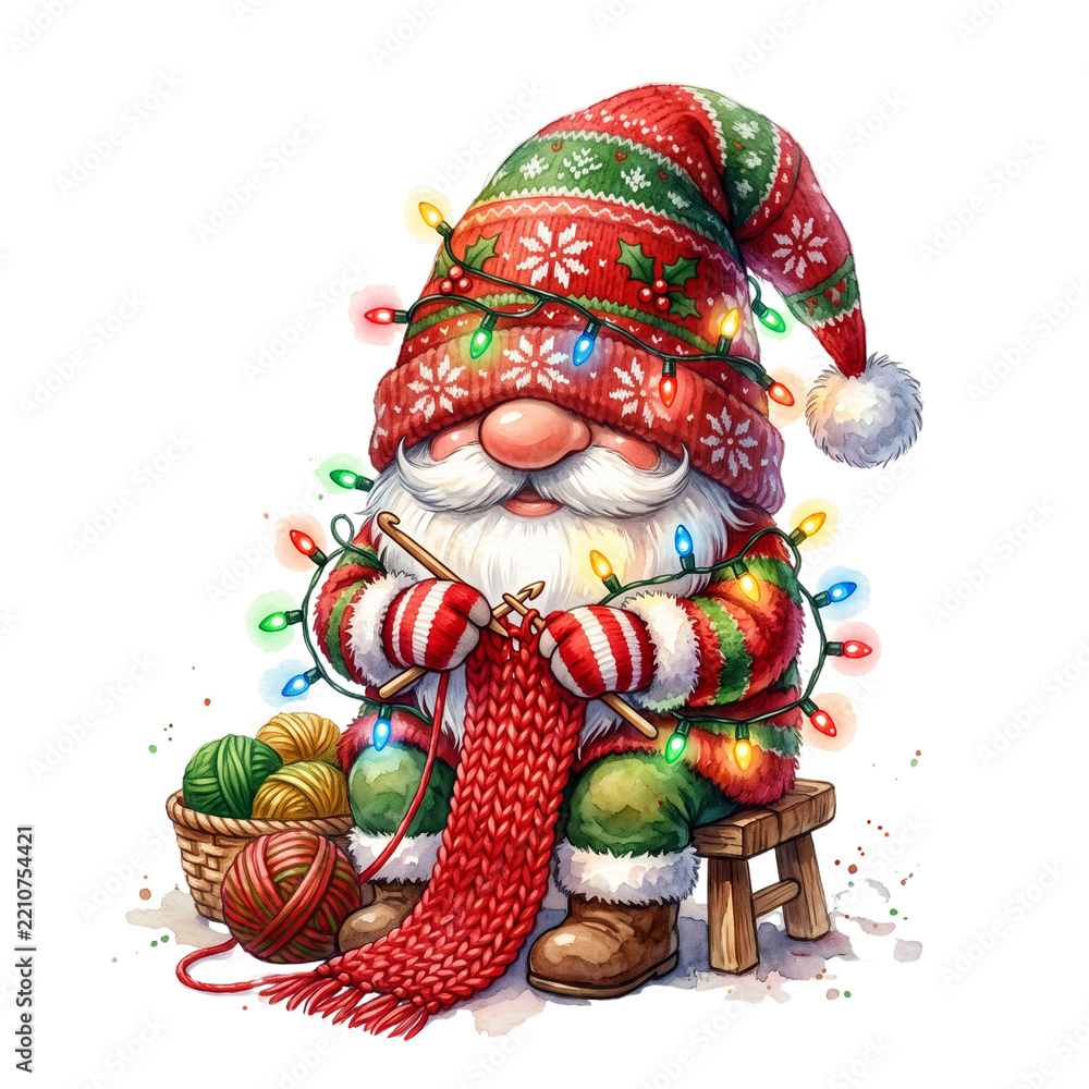 Fototapeta premium Christmas gnome knitting a red scarf with festive fairy lights