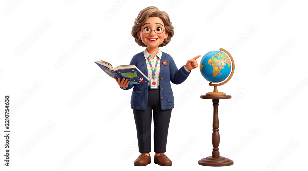 Fototapeta premium 3D render female teacher pointing at world globe, friendly educator holding open book, geography lesson banner