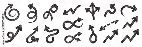 Various bold brush drawn curved arrows. Collection doodle marker thick arrows in different directions. Hand drawn vector direction pointers. Curved and wavy brush strokes with scratches swirl arrow.
