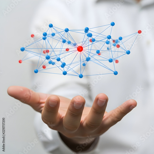 Hand holding digital neural network illustration isolated on white background