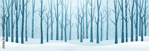 Winter forest landscape with bare trees and falling snow for seasonal