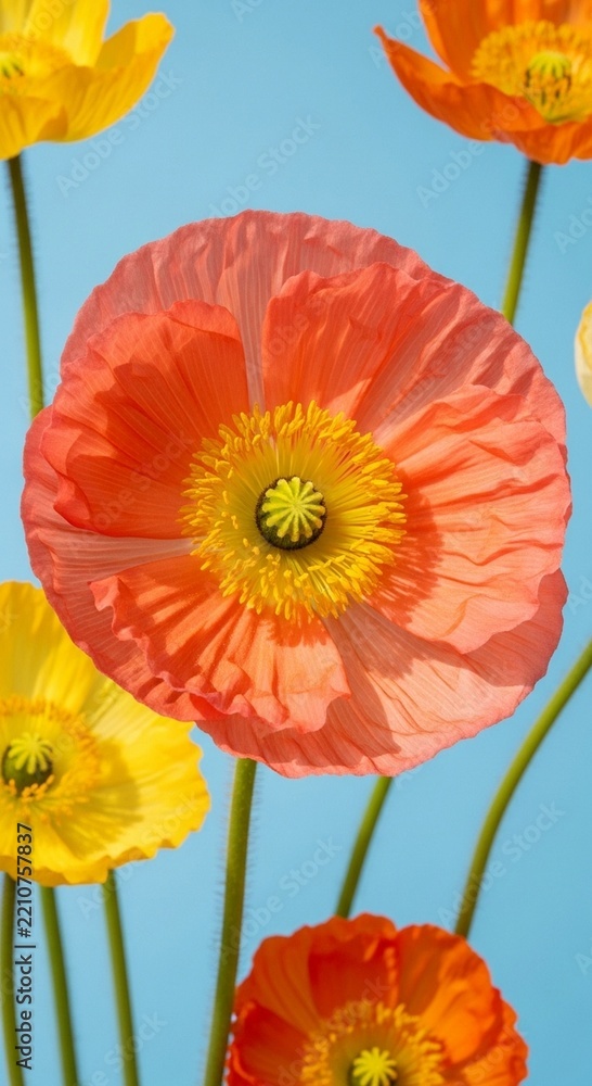 Fototapeta premium Vibrant Icelandic Poppies blooming with delicate colorful petals against a clear blue sky ideal for spring marketing and nature backgrounds.