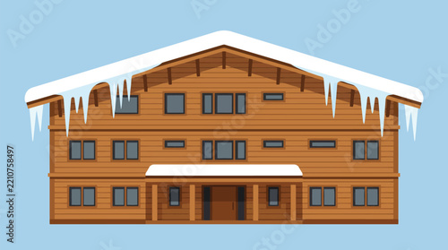 Winter chalet with snow and icicles on the roof isolated on a blue