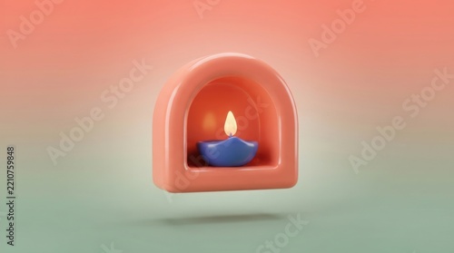 3D render of a lit oil lamp in a minimalist arch frame for Diwali or spiritual meditation and peaceful home decor concept