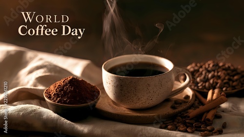 World Coffee Day concept featuring steaming black coffee beside cocoa powder, roasted beans and cinnamon on linen, World Coffee Day text clearly shown in background, warm light
