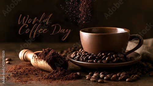 World Coffee Day concept showing coffee powder cascading from wooden scoop beside whole beans and ceramic cup, World Coffee Day text behind, sharp controlled lighting
