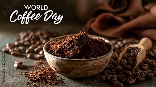 World Coffee Day concept showing freshly ground coffee in a ceramic bowl beside whole beans, wooden scoop and warm textures, World Coffee Day text in background, daylight