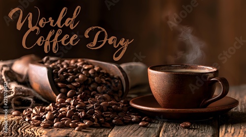 World Coffee Day scene featuring freshly roasted beans spilling from wooden container beside steaming cup, World Coffee Day text in background, rustic textures and daylight