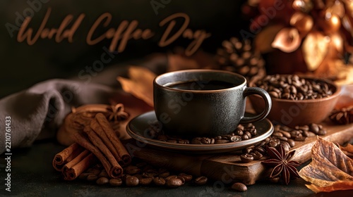 World Coffee Day still life featuring freshly brewed coffee beside aromatic beans, cinnamon sticks and autumn accents, World Coffee Day text softly displayed behind
