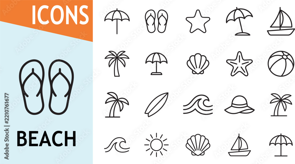 Obraz premium Beach icon set for summer vacation and seaside activities