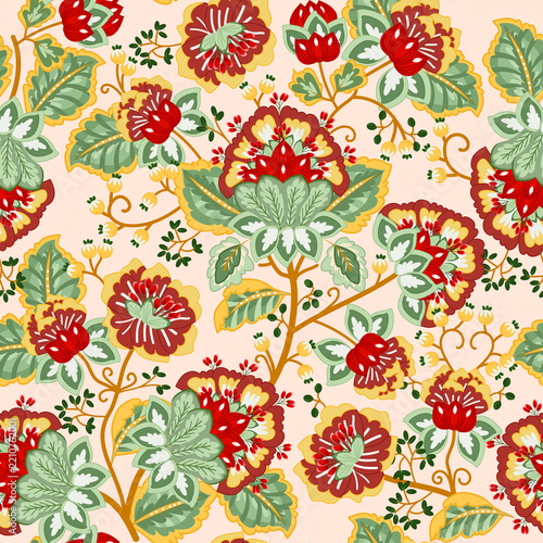 Seamless Traditional Chintz Pattern with Red Flowers and Green Leaves on Beige Background