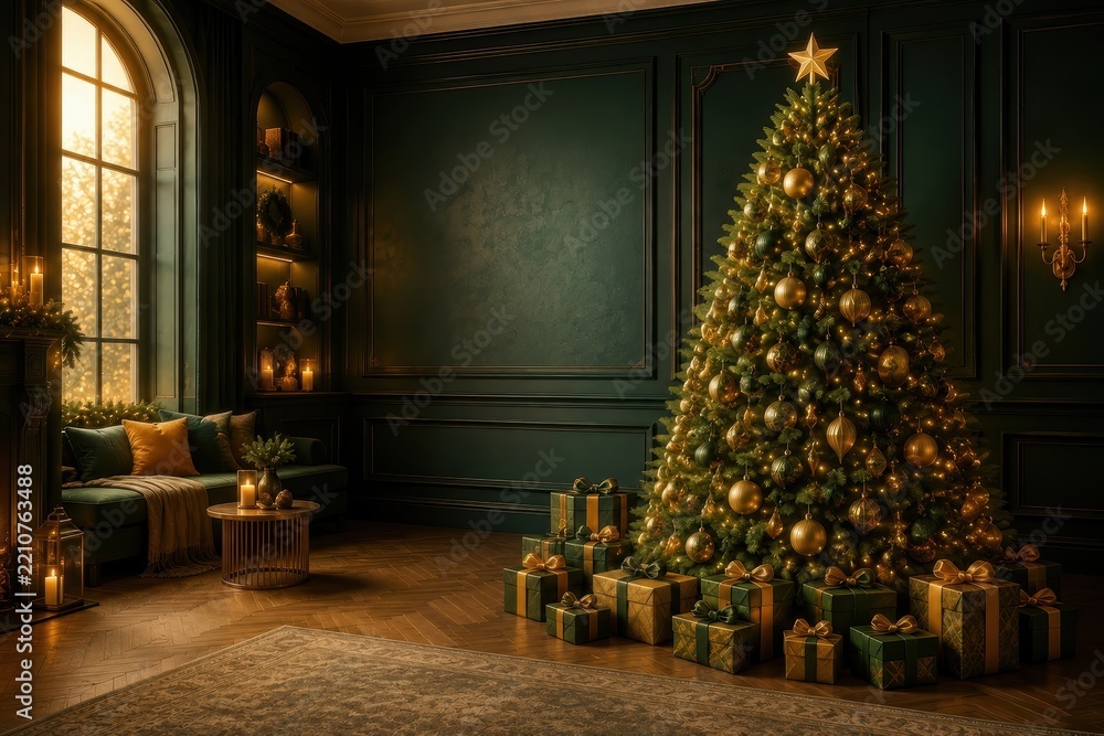 Fototapeta premium Elegant Christmas tree glowing within a luxurious dark interior