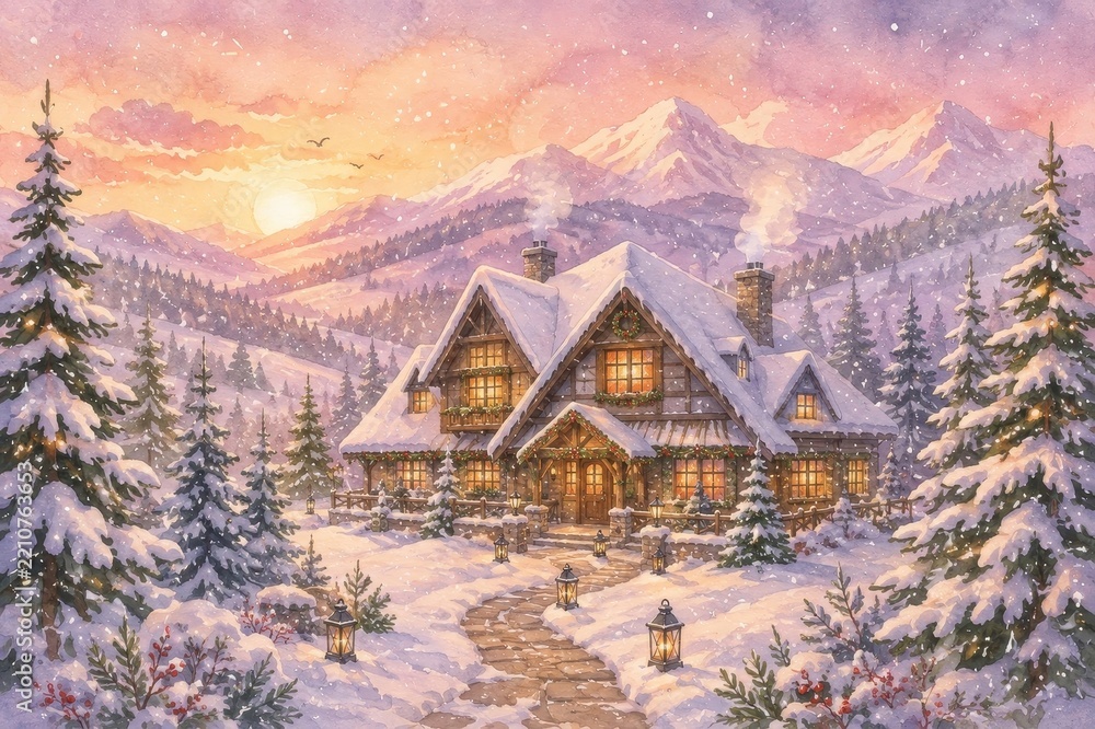 Obraz premium Snowy alpine cottage beneath glowing sunset mountain peaks