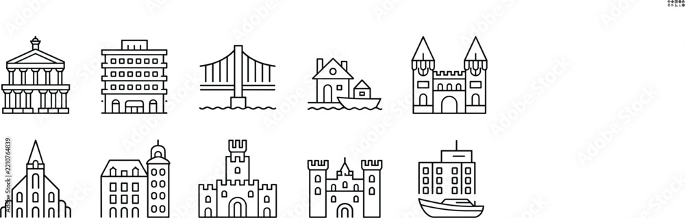 Fototapeta premium Minimalist black outline architectural landmarks and buildings icons set, isolated city skyline historical castle bridge and hotel vector elements pack [local]