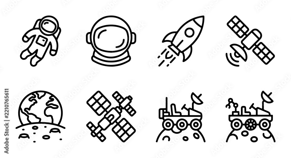 Fototapeta premium Space exploration icons set with astronaut, helmet, rocket, satellite, Earth and rover for science and travel