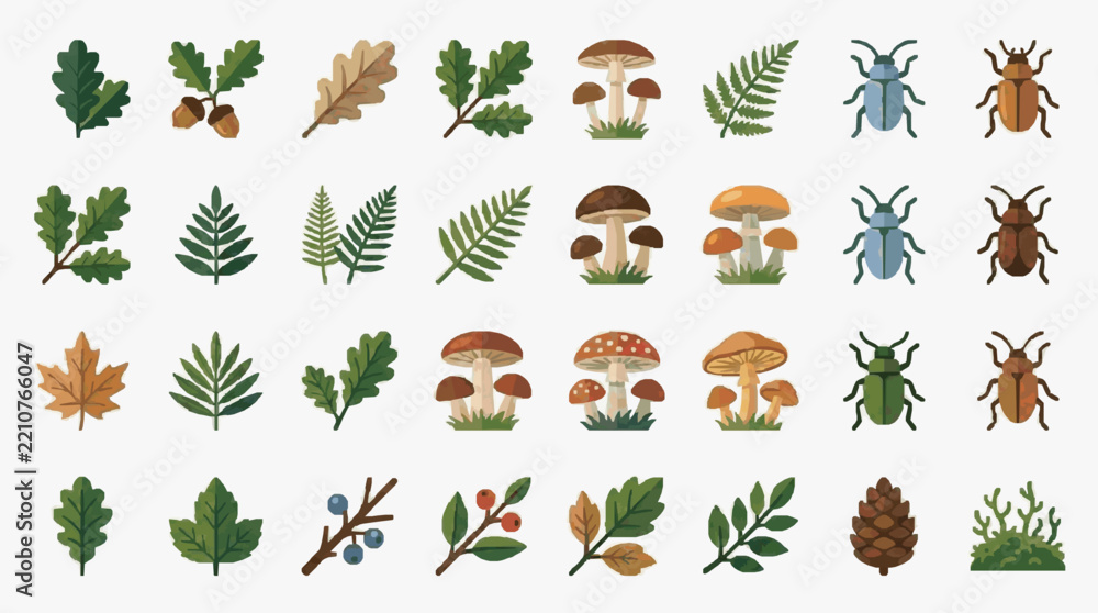 Fototapeta premium Clean Colorful Flat Set of Forest Elements Leaves Ferns Mushrooms Beetles and Pinecones with high quality professional line art symbols for modern creative design and digital branding projects