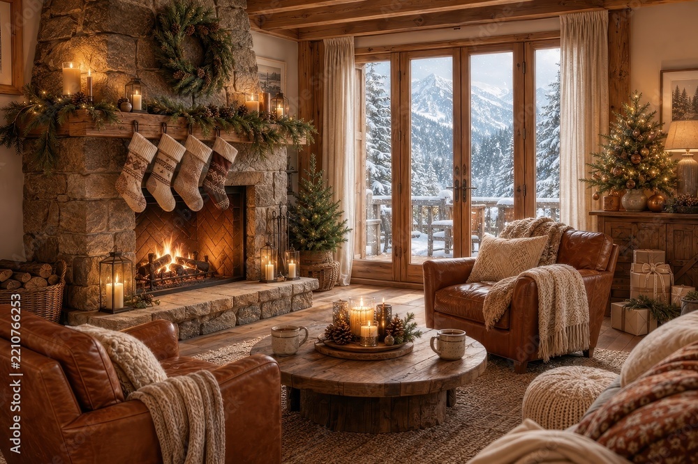 Obraz premium Cozy rustic Christmas cabin living room overlooking snowy mountains