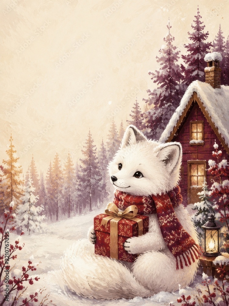 Fototapeta premium Cute white fox with gift beside snowy forest cottage