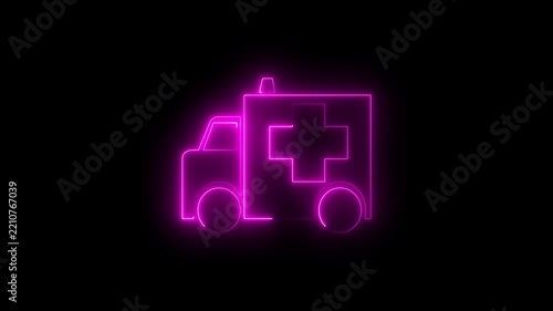 Animated magenta pink neon ambulance icon with medical cross and glowing chase light. Emergency medical vehicle loop on black background. 4K loopable.