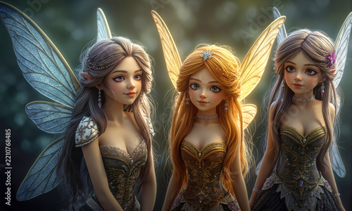 A portrait of three exquisite fantasy fairies with glowing wings and intricate gowns