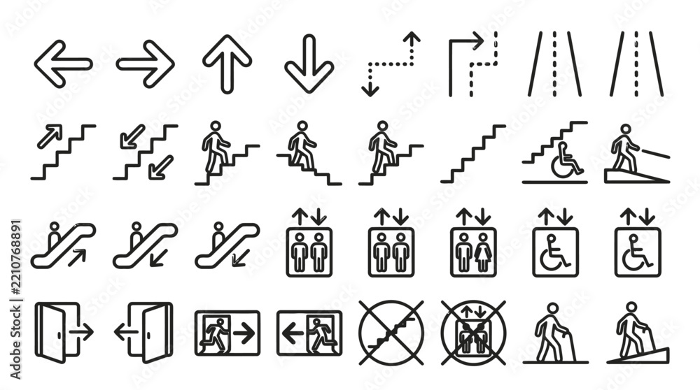Fototapeta premium Minimalist black outline directional icons featuring arrows, stairs, elevators, ramps, and emergency exit signs