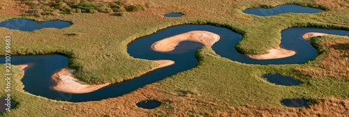 Panel kuchenny z motywem Aerial view of sinuous river winding through wetlands during dry season