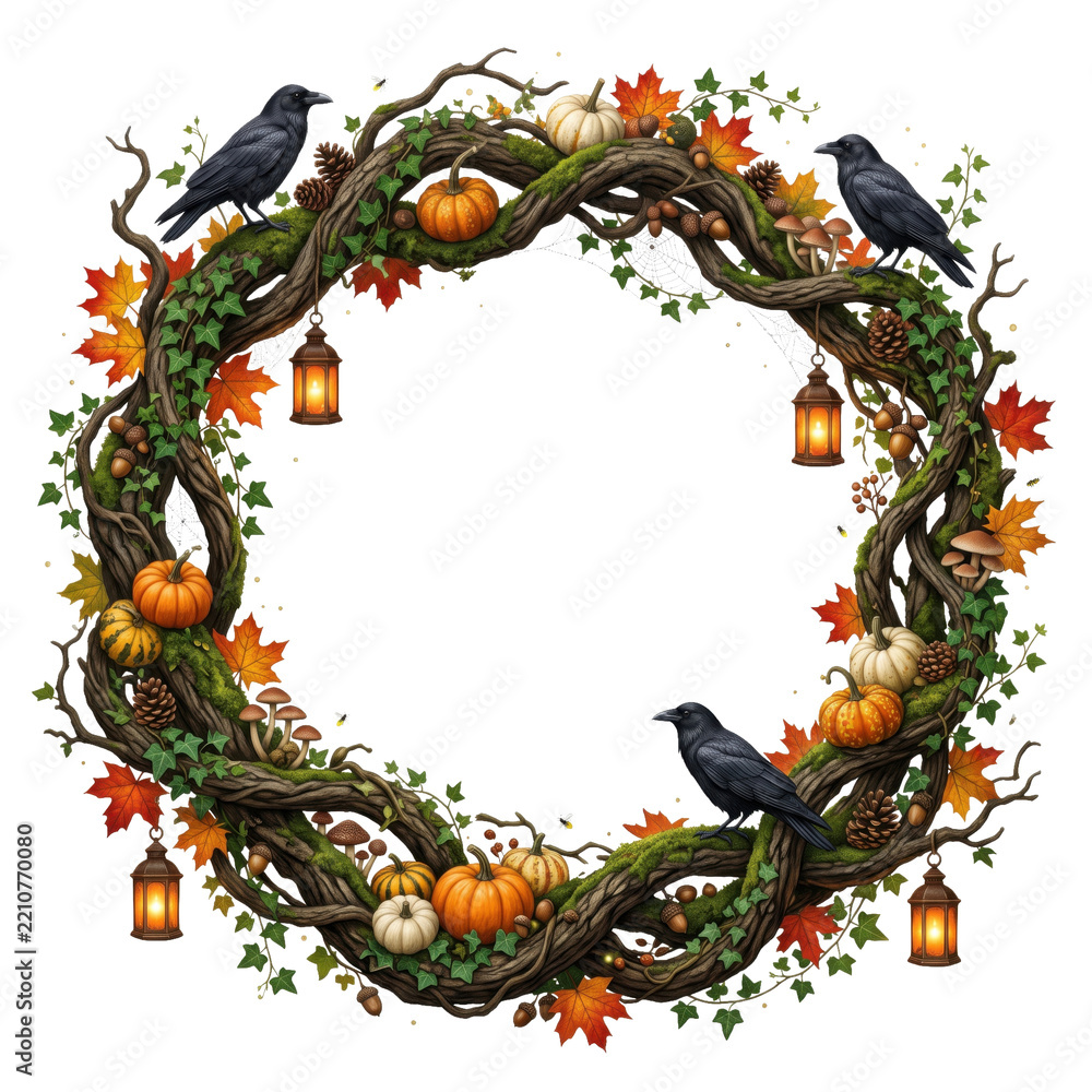 Obraz premium Circular autumn halloween wreath with twisted branches pumpkins and ravens isolated on transparent background