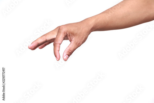 Obraz na plátně Male hand reaching down to pick or grab something isolated on white background