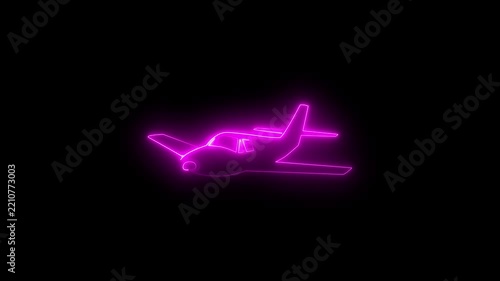 Animated magenta pink neon airplane icon with glowing chase light effect. Loopable aircraft symbol on black background. 4K loopable.