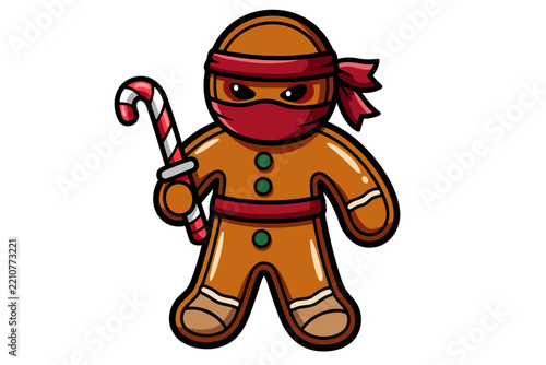 Gingerbread Man Ninja Character Holding Candy Cane Katana Vector Illustration 