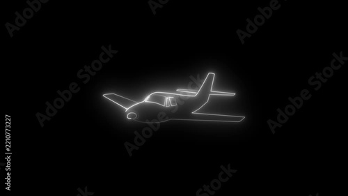 Animated white neon airplane icon with glowing chase light effect. Minimalist aircraft flight symbol loop on black background. 4K loopable.